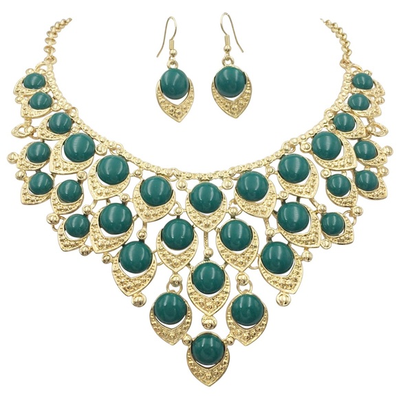 Dark Green Chunky Dot Bib Statement Necklace Earrings Set - Picture 1 of 3